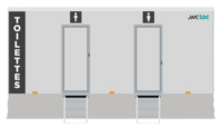 Infographie d’une caravane sanitaire sous vide WC Loc 20 pieds avec trois portes d’accès et signalétique hommes/femmes.