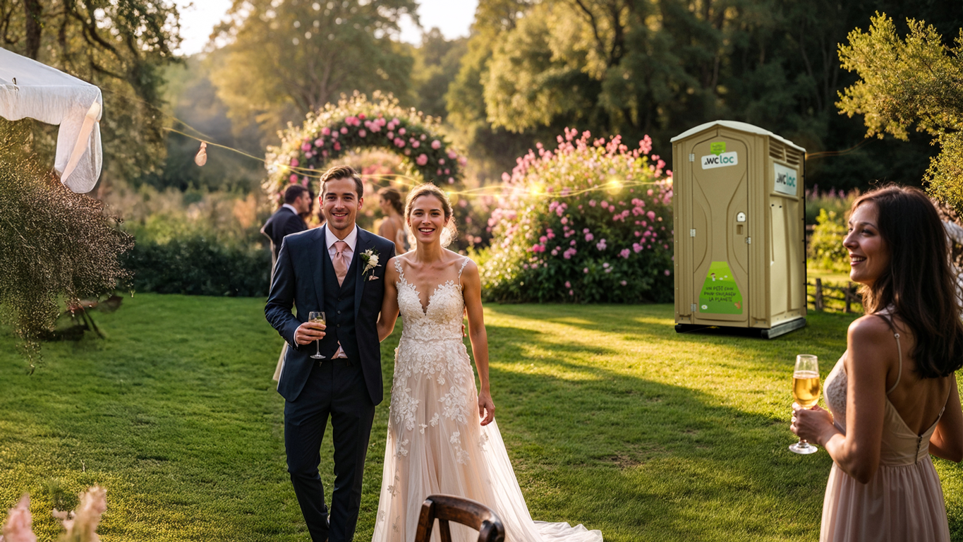 Cabine WC Loc installée sur un lieu de réception de mariage en plein air, offrant une solution sanitaire pratique et discrète pour les invités.