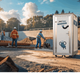 Ouvriers sur un chantier avec la Cabine Isolée Confort de WC Loc, une solution sanitaire autonome