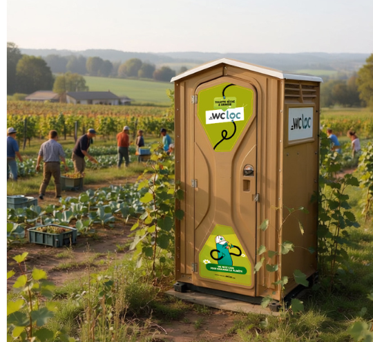 Toilette sèche WC Loc installée dans un vignoble lors d'une récolte agricole