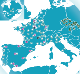 Carte montrant le réseau d'agences et dépôts WC Loc et Enygea au Canada et en Europe : France, Belgique, Luxembourg, Espagne, Portugal, Italie, République Tchèque, Autriche et Hongrie.