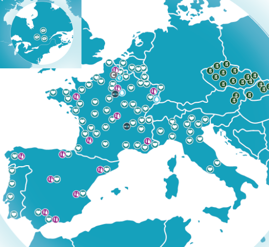 Carte montrant le réseau d'agences et dépôts WC Loc et Enygea au Canada et en Europe : France, Belgique, Luxembourg, Espagne, Portugal, Italie, République Tchèque, Autriche et Hongrie.