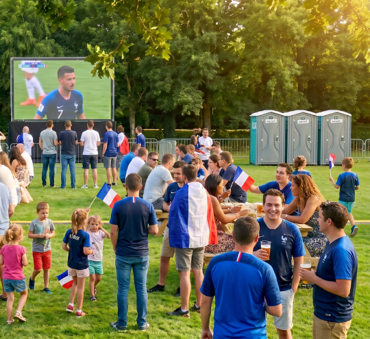 Groupe de supporters français en maillot bleu réunis dans un parc pour regarder un match sur écran géant, avec des enfants et des familles, et des cabines sanitaires autonomes visibles en arrière-plan