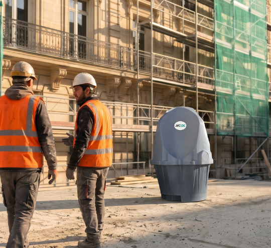 Deux compagnons en gilet orange discutent devant un urinoir autonome WC Loc sur un chantier de rénovation urbaine