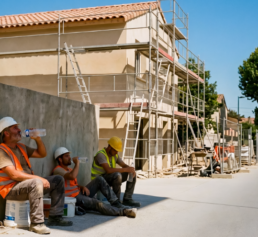 Ouvriers du BTP en EPI s'hydratant à l'ombre sur un chantier en pleine canicule